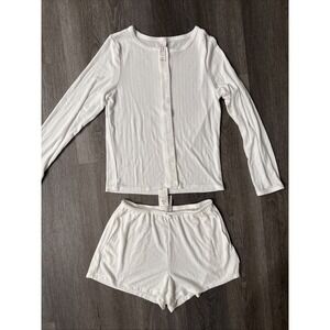 Women's Size XS Solid White Shorts Set Pajamas Long Sleeve Cardigan Top-Auden
